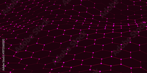 A vibrant hexagonal grid gently curves like a living digital fabric. A futuristic hexagonal background. Glowing nodes are connected by lines, forming a honeycomb structure.