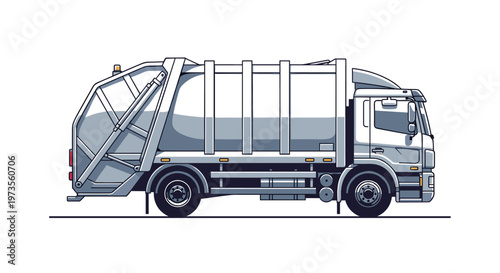 A modern, clean garbage truck, also known as a refuse collection vehicle, is depicted in a detailed vector illustration on a plain white background, symbolizing urban sanitation and waste management.