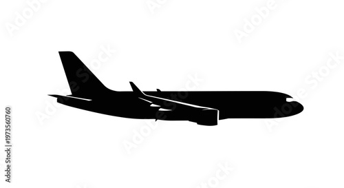Sleek black silhouette of a modern passenger airplane in side profile, representing global travel, aviation, and efficient transportation.