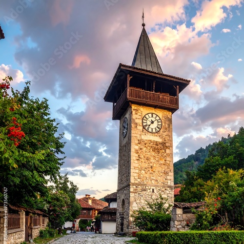 A tall stone clock tower, framed by greenery and a colorful sky at sunset, sits in an older village