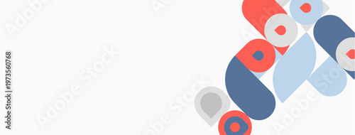 Abstract shapes overlap, creating dynamic composition. Colors include red, blue, gray, pale pink. Minimalist design, clean aesthetic.