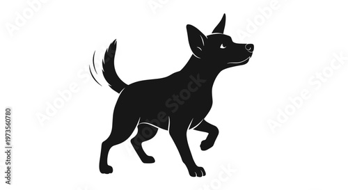 A sleek black silhouette of a small dog with perked ears and a wagging tail, standing alertly with one paw raised, depicted on a clean white background.