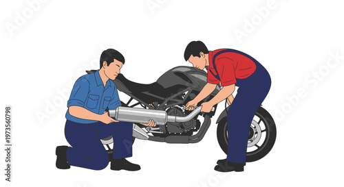 Two mechanics working on a motorcycle exhaust system.