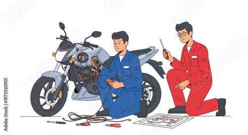 Two Mechanics Working on a Motorcycle Together.