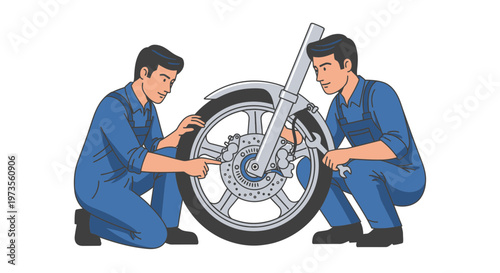 Two mechanics working on a motorcycle wheel.