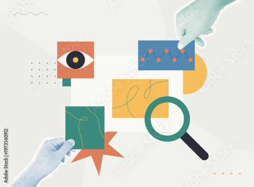 Trendy Halftone Collage style illustration of hands arranging data panels with eye icon, chart and magnifying glass, representing organizing insights and data analysis concept.