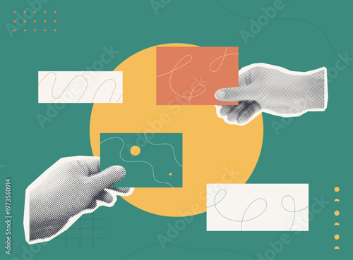 Trendy Halftone Collage style illustration of two hands placing and assembling colorful cards on teal background, representing idea assembly, creative collaboration and brainstorm concept.