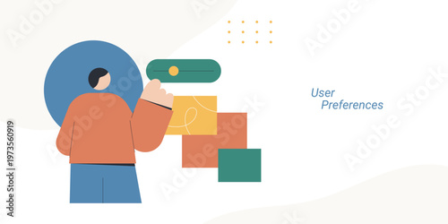 Flat style illustration of a person adjusting a toggle slider with colorful option cards, representing user preferences, customization, settings and personalization concept.
