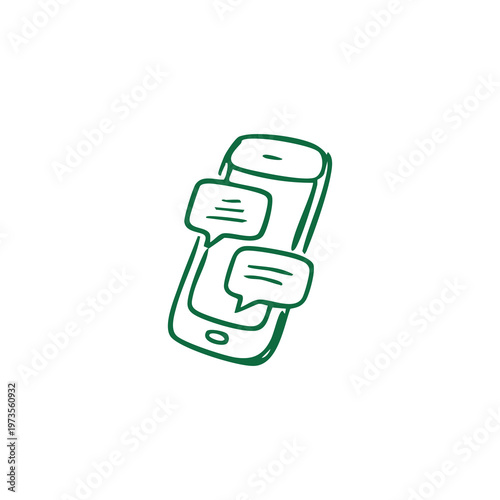A hand-drawn green outline of a smartphone with two chat bubbles emerging from it