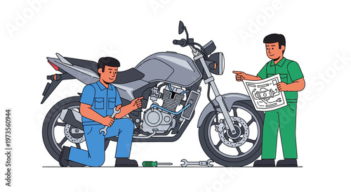 Two mechanics working on a motorcycle with tools 1.