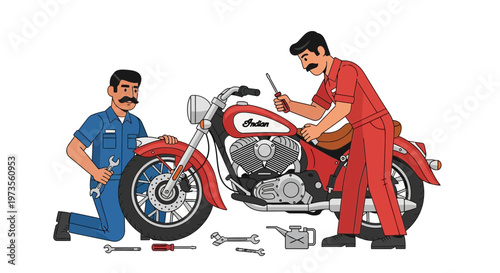 Two Mechanics Working on a Red Motorcycle Together 1.