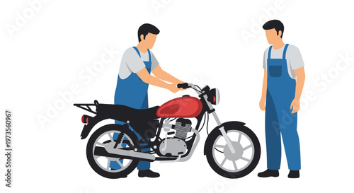 Two mechanics working on a red motorcycle together.