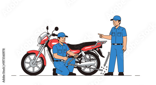 Two mechanics working on a red motorcycle.