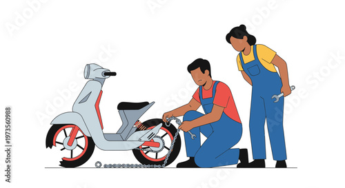 Two mechanics working on a scooter repair.