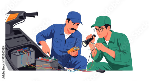 Two mechanics working on a scooters electrical system.
