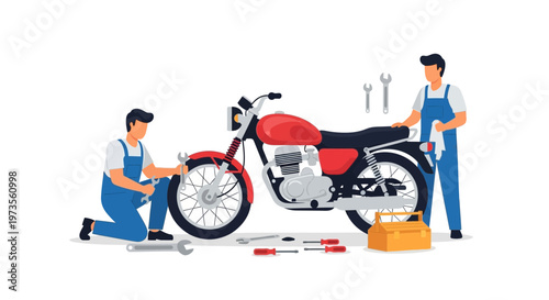 Two mechanics working on a vintage motorcycle repair 2.