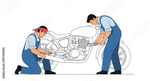 Two mechanics working together on a motorcycle repair.