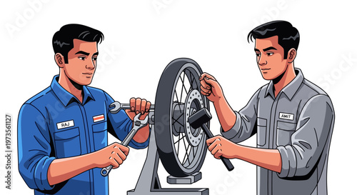 Two mechanics working together on a motorcycle wheel.