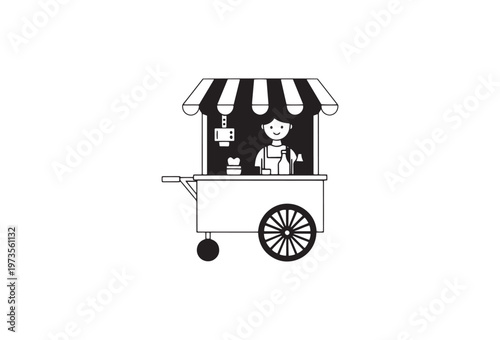 Food cart, vendor cart, black and white, illustration, food truck, street food