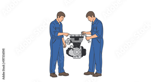 Two mechanics working together on an engine.