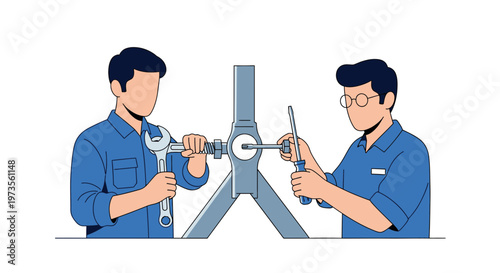Two mechanics working together on industrial machinery repair.