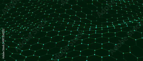 A vibrant hexagonal grid gently curves like a living digital fabric. A futuristic hexagonal background. Glowing nodes are connected by lines, forming a honeycomb structure.