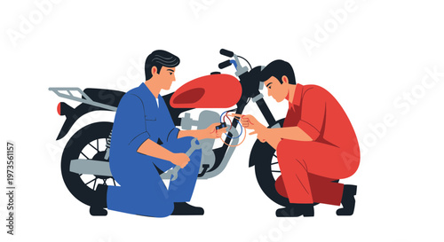Two Mechanics Working Together on Motorcycle Engine Repair 1.