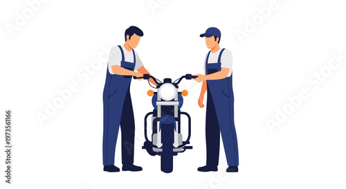 Two mechanics working together on a motorcycle.