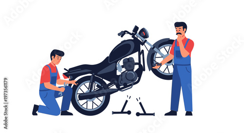 Two Mechanics Working Together on Motorcycle Repair.