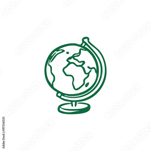 Minimalist green globe with curved arm and base on white background, glowing linework, Earth's continents and oceans outlined