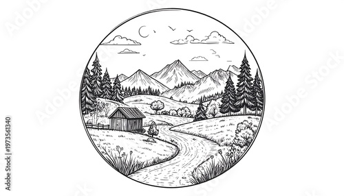 A black and white sketch of a landscape inside a circle. Mountains, trees, a small cabin, and a river are shown