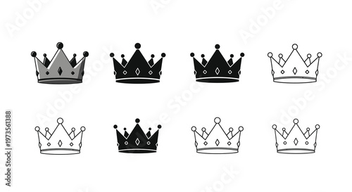 Collection of ornate crowns in black and white various designs displayed