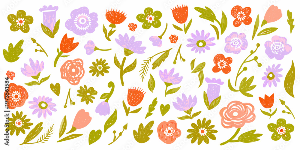 Obraz premium A colorful hand drawn collection of various wildflower illustrations