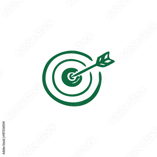 Archery bullseye with green concentric circles, white center, struck by a dart's arrowhead and fletching, symbolizing precision and success