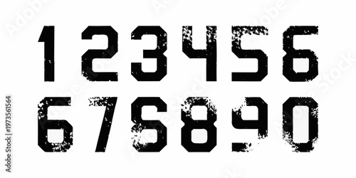 Distressed numerical digits from zero to nine in black ink style