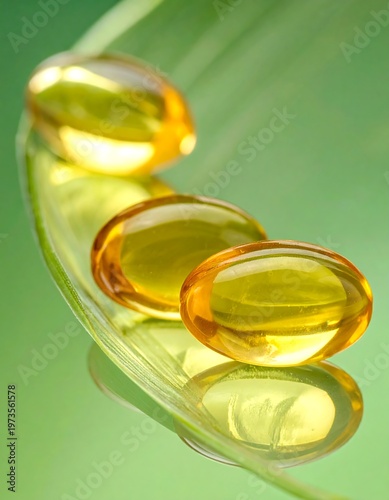 Close-up of three translucent, golden capsules on a curved, green, plant-like structure, all against a blurred green backdrop