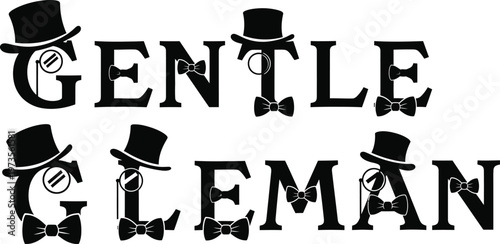 Vintage gentleman icons set stylish top hats bow ties and elegant lettering for classic design elements
