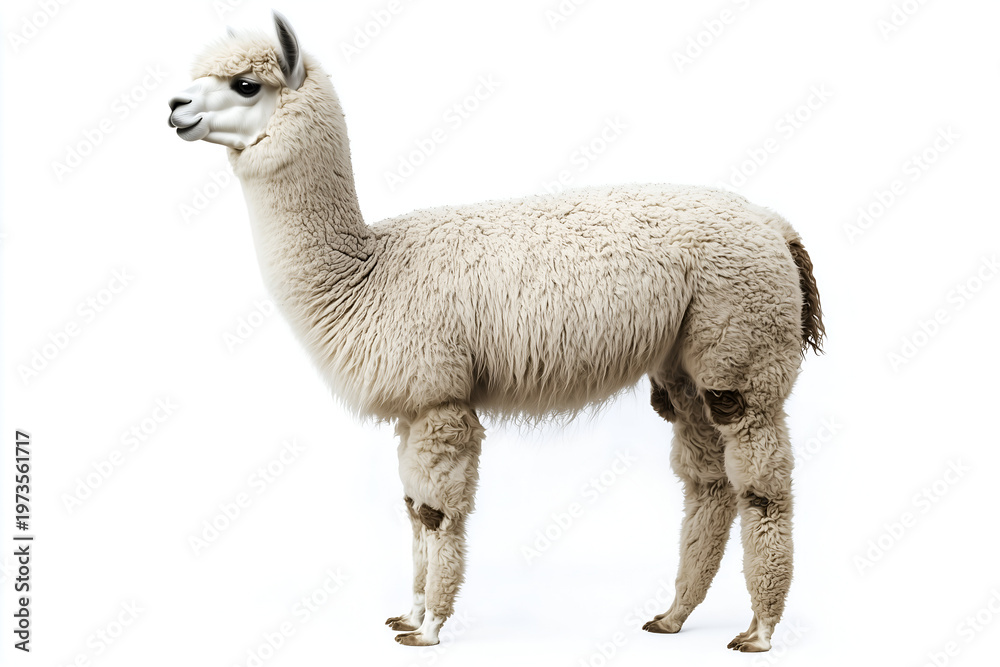 Fototapeta premium Full body side profile of a white alpaca standing isolated on a white background