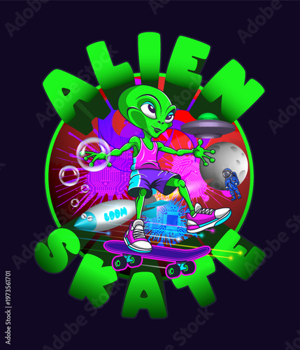 Vector abstract cartoon collage poster. Green toon alien on skateboard. 3D rocket, red planet, astronaut, color blobs, bubbles and computer chips. Skate. Spaceflight. Futuristic sticker on t-shirt