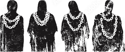 Four silhouettes of hooded figures wearing large chains, mysterious and shadowy figures in dark attire