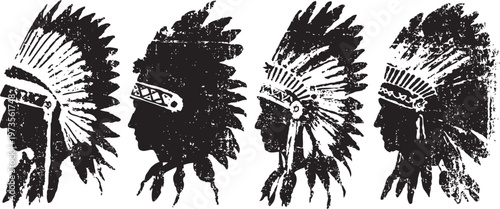 Four native american chiefs in traditional feather headdresses silhouettes in profile