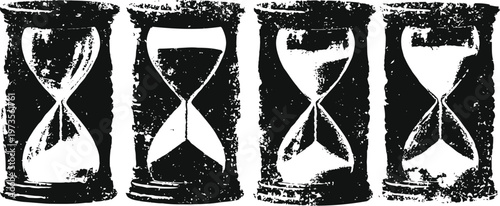 grunge hourglass icons set in black and white time, sand clock, vintage timer illustrations