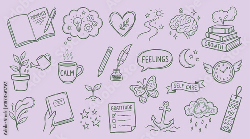 Self care and mental wellness doodles with symbols of growth, gratitude, and calm for a healthy lifestyle