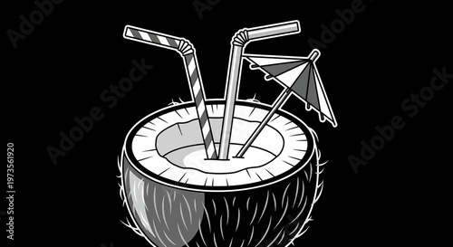 A black and white vector illustration of a coconut with straws and umbrella on a solid background