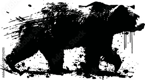 Grunge bear silhouette with ink splatter effect wild animal design in black rough textured