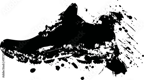 Black ink splash sneaker silhouette with dynamic splatter effects on white background