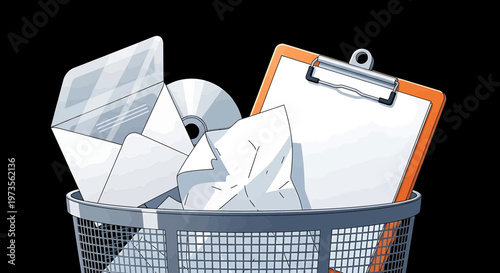 A vector graphic illustration of a trash can filled with discarded office supplies and documents
