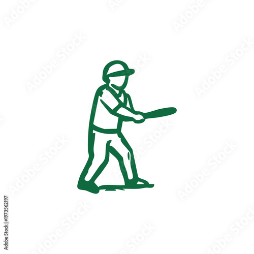A simplified green silhouette of a baseball player batting mid-swing, wearing a helmet and uniform with prominent belt lines, against a white background