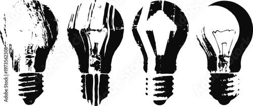 Vintage light bulbs arranged in a row, black and white grunge design with filament details