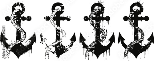 Set of black vintage nautical anchors with ropes and decorative elements in grunge
